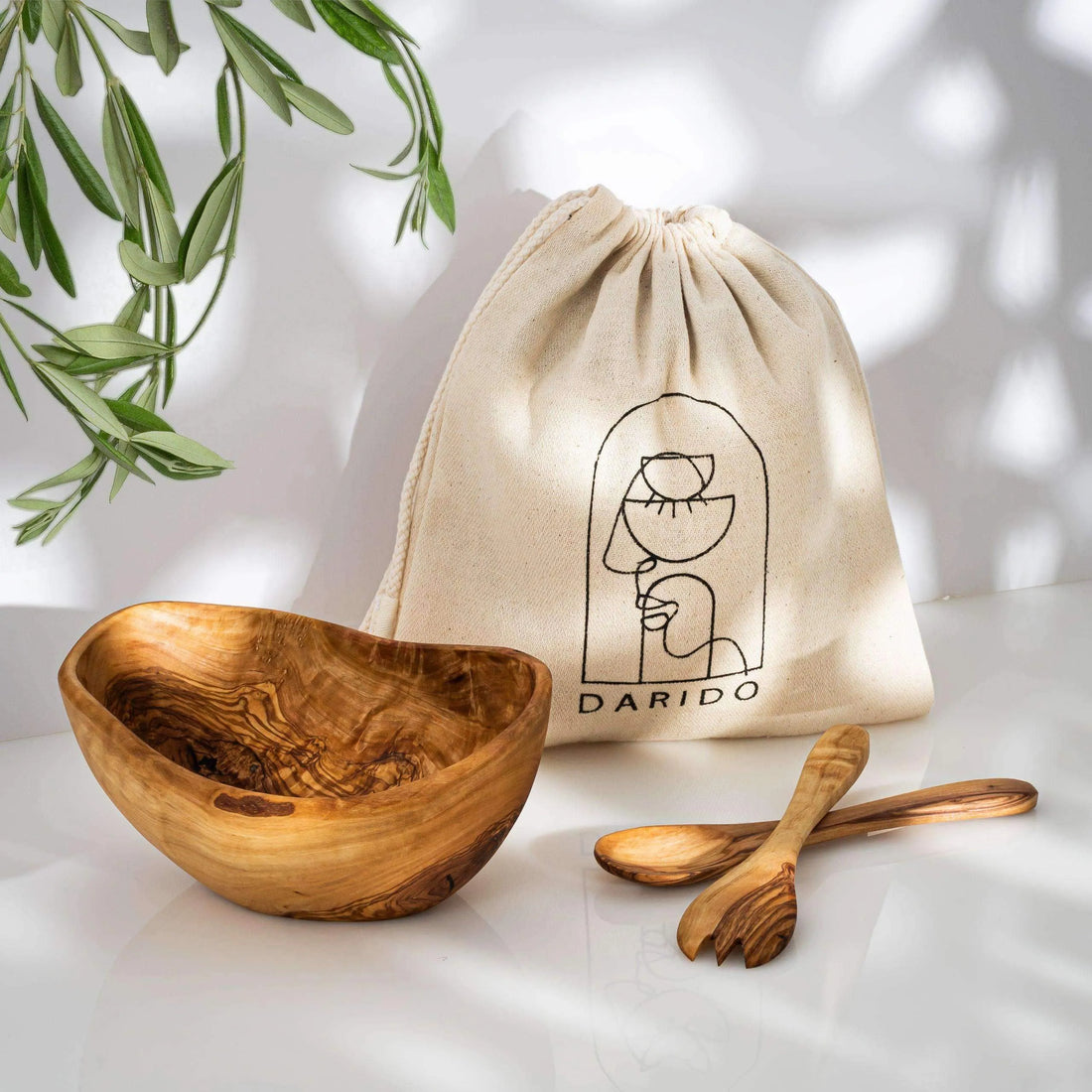 DARIDO Olive Wood Rustic Oval Bowl with Artisanal Salad Servers| 18 * 10cm | Handmade, Functional, and Durable.