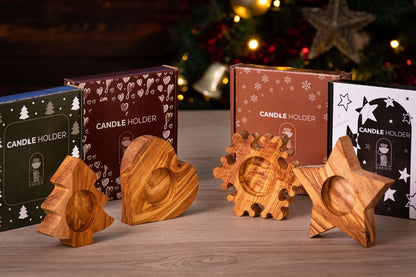 DARIDO Olive Wood Tealight Holder - SnowFlake Shape - 10x10x2 cm