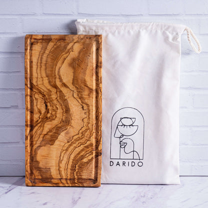 DARIDO Olive Wood Rustic Cutting/Serving Board with Groove | 35x18 cm | Handmade, Eco-friendly, and Durable.