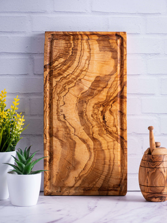 DARIDO Olive Wood Rustic Cutting/Serving Board with Groove | 35x18 cm | Handmade, Eco-friendly, and Durable.