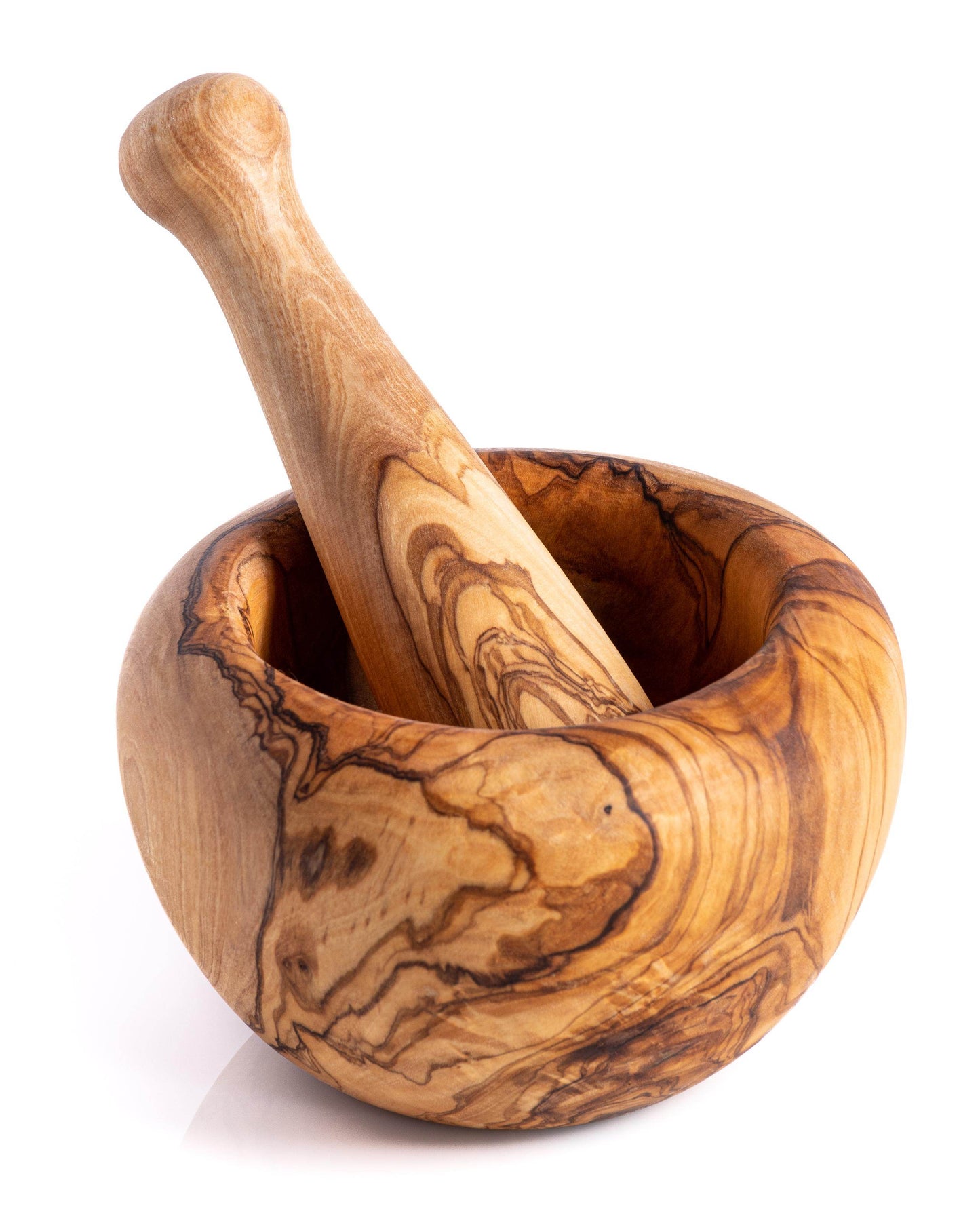 DARIDO Authentic Tunisian olive wood round mortar and pestle, ideal for grinding, with ergonomic design.