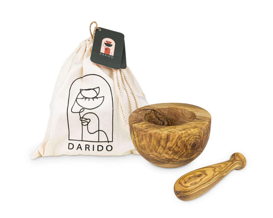 DARIDO Premium Olive Wood - Sleek Flat-Finish Mortar & Pestle: Handmade, Durable, All-purpose Grinding