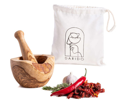 DARIDO Premium Olive Wood - Traditional Rustic Mortar & Pestle: Handmade, Durable, All-purpose Grinding 