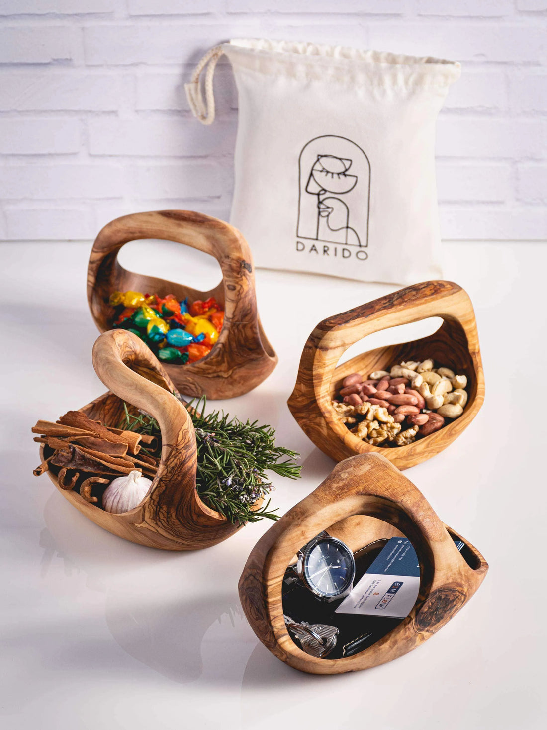Darido Rustic Olive Wood Decoration Basket With 1 Handle | 20*13cm | Multi-functional, Eco-friendly, and Authentic