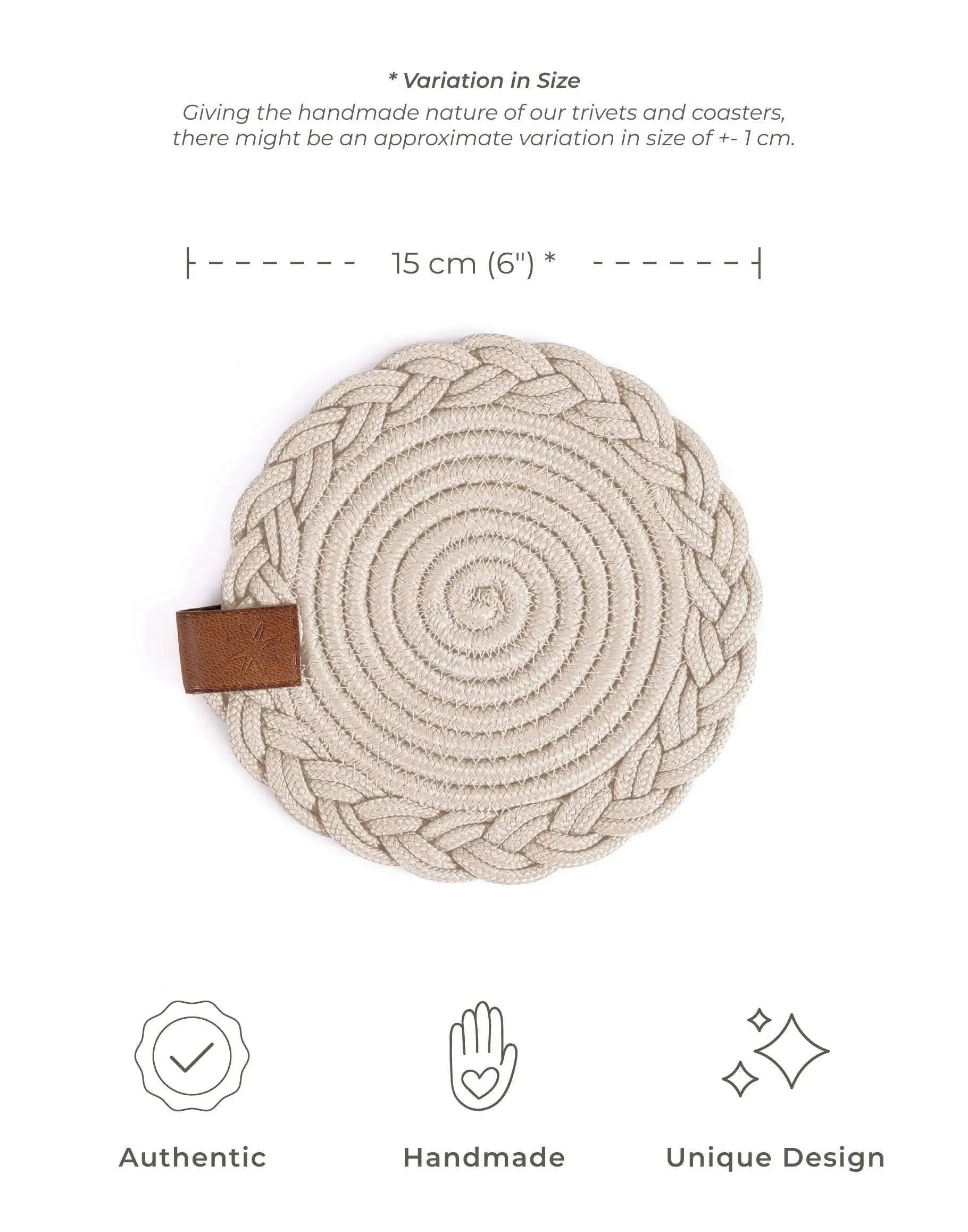 Set of 2 beige Darido cotton coasters with braided spiral design and leather tag, 15cm diameter. - Set of 2 Beige Coasters - 15cm