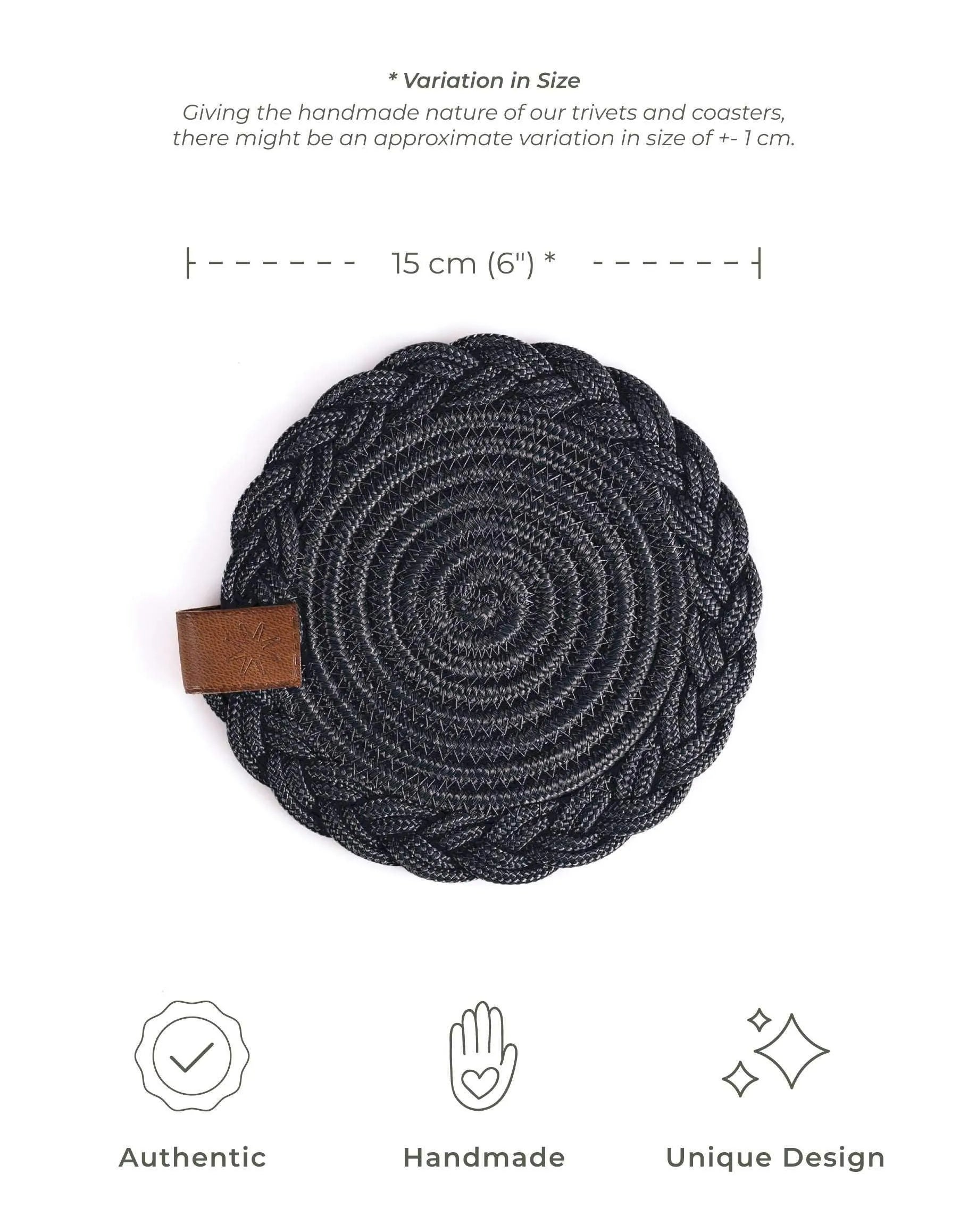 Set of 2 round black Darido cotton coasters, 15cm, handmade with braided spiral design. - Set of 2 Black Coasters- 15cm