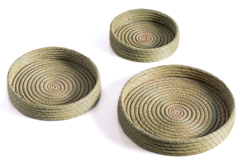 Darido set of 3 round Halfa trays with natural woven texture in varying sizes. - Darido set of 3 Halfa Trays