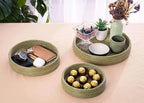 Darido set of 3 round green woven Halfa trays with textured edges, styled with decor and chocolates. - Darido set of 3 Halfa Trays