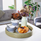 Darido round halfa tray set in natural woven material holding blue patterned ceramic jars and plate with pastry. - Darido set of 3 Halfa Trays