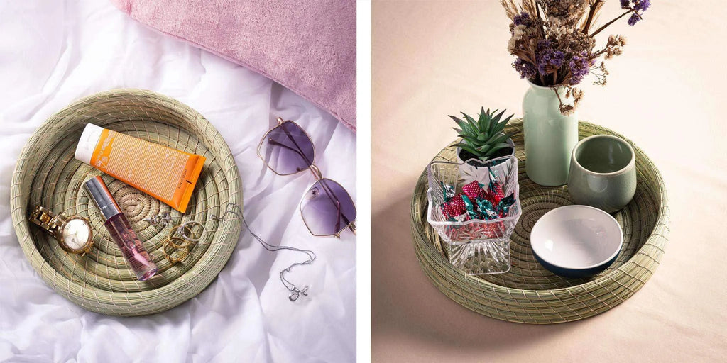 Darido set of 3 round woven halfa serving trays with natural fiber texture. - Darido set of 3 Halfa Trays