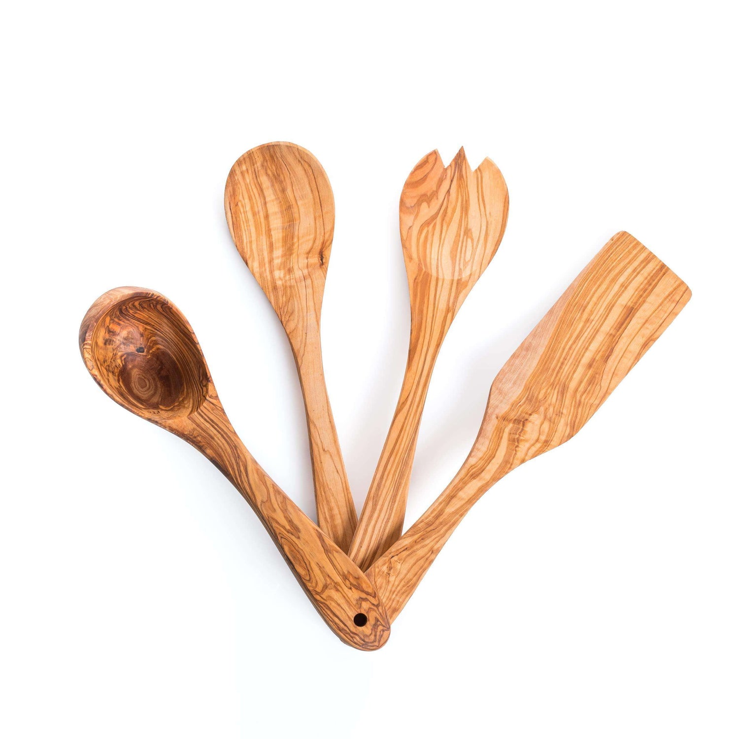 Darido Set of 4 Olive Wood Kitchen Utensils - Salad Fork and Spoon, Ladle & Spatula - Handmade & eco-friendly