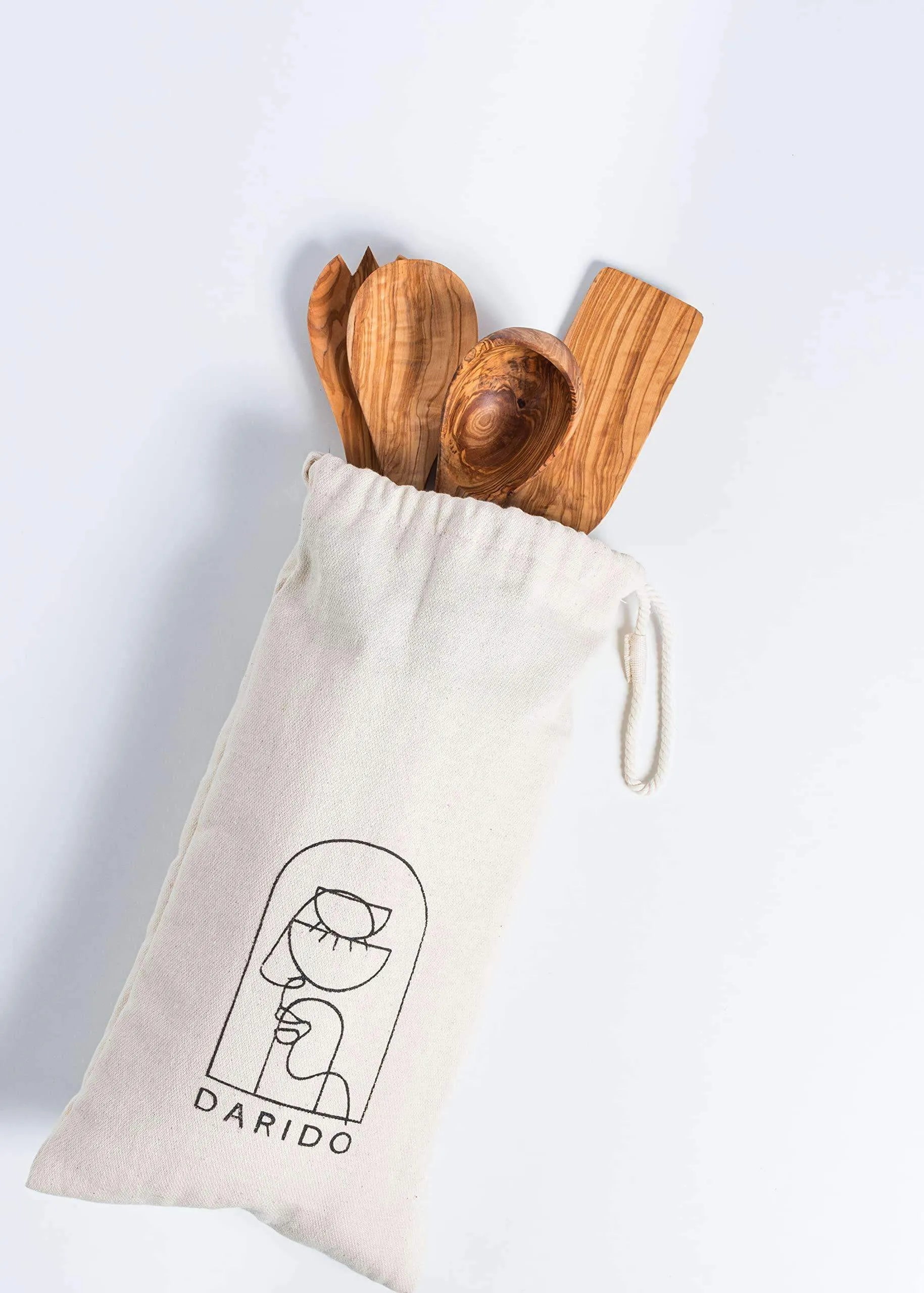 Darido set of 4 olive wood kitchen utensils with salad fork, spoon, ladle, and spatula in a cloth pouch. - Darido Set of 4 Olive Wood Kitchen Utensils - Salad Fork and Spoon, Ladle & Spatula