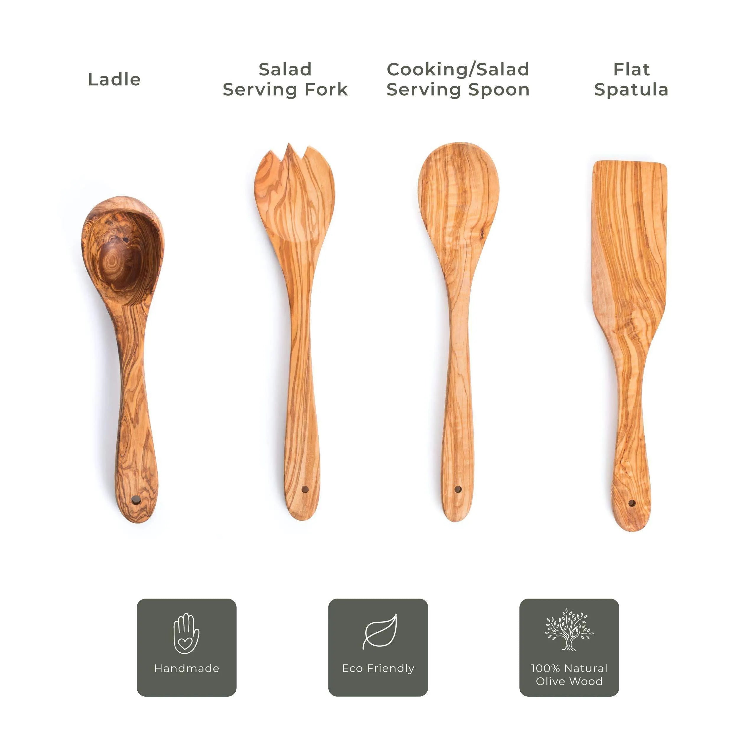 Darido set of 4 olive wood kitchen utensils including ladle, salad fork, serving spoon, and flat spatula. - Darido Set of 4 Olive Wood Kitchen Utensils - Salad Fork and Spoon, Ladle & Spatula