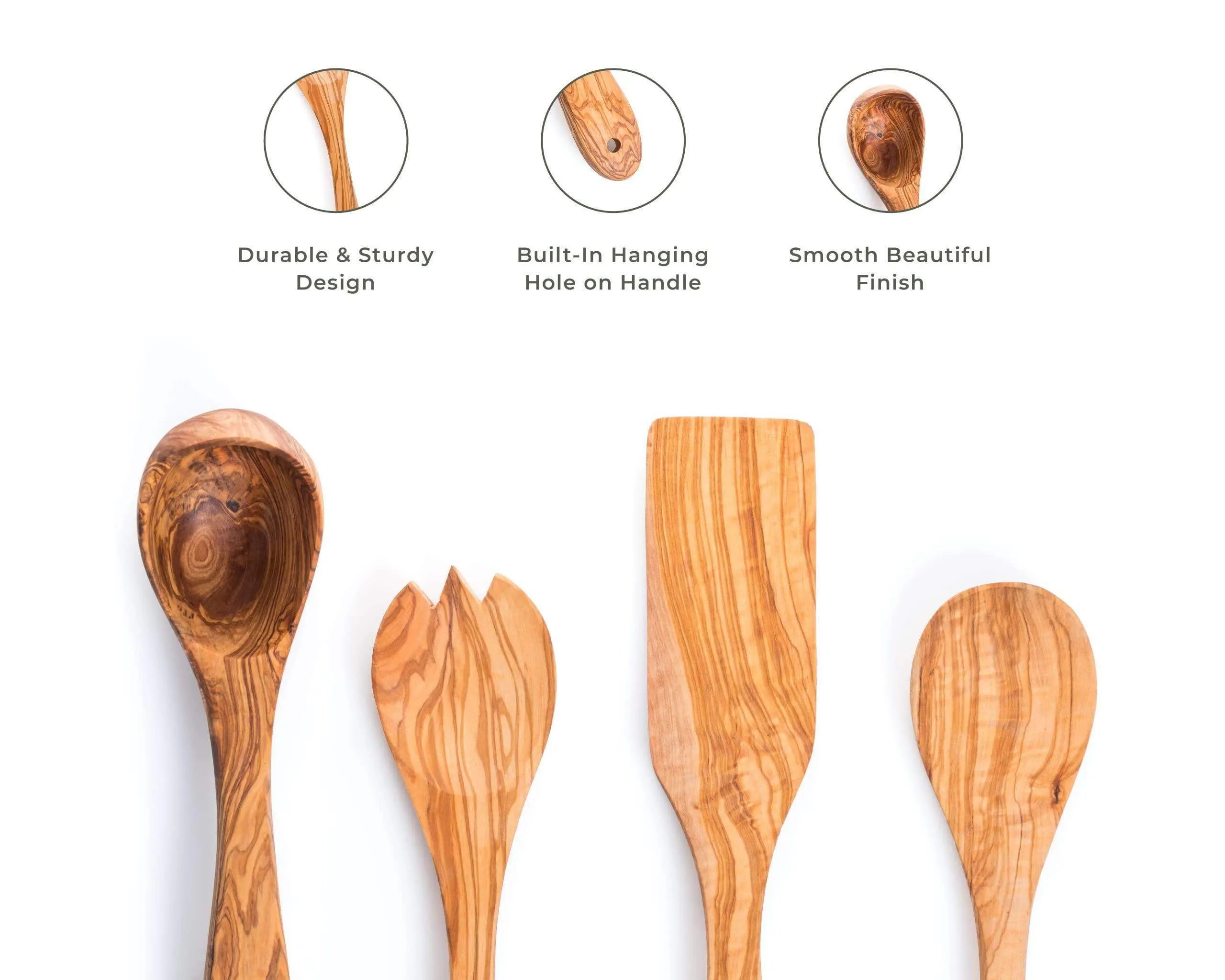 Darido set of 4 olive wood kitchen utensils with smooth finish and built-in hanging holes. - Darido Set of 4 Olive Wood Kitchen Utensils - Salad Fork and Spoon, Ladle & Spatula