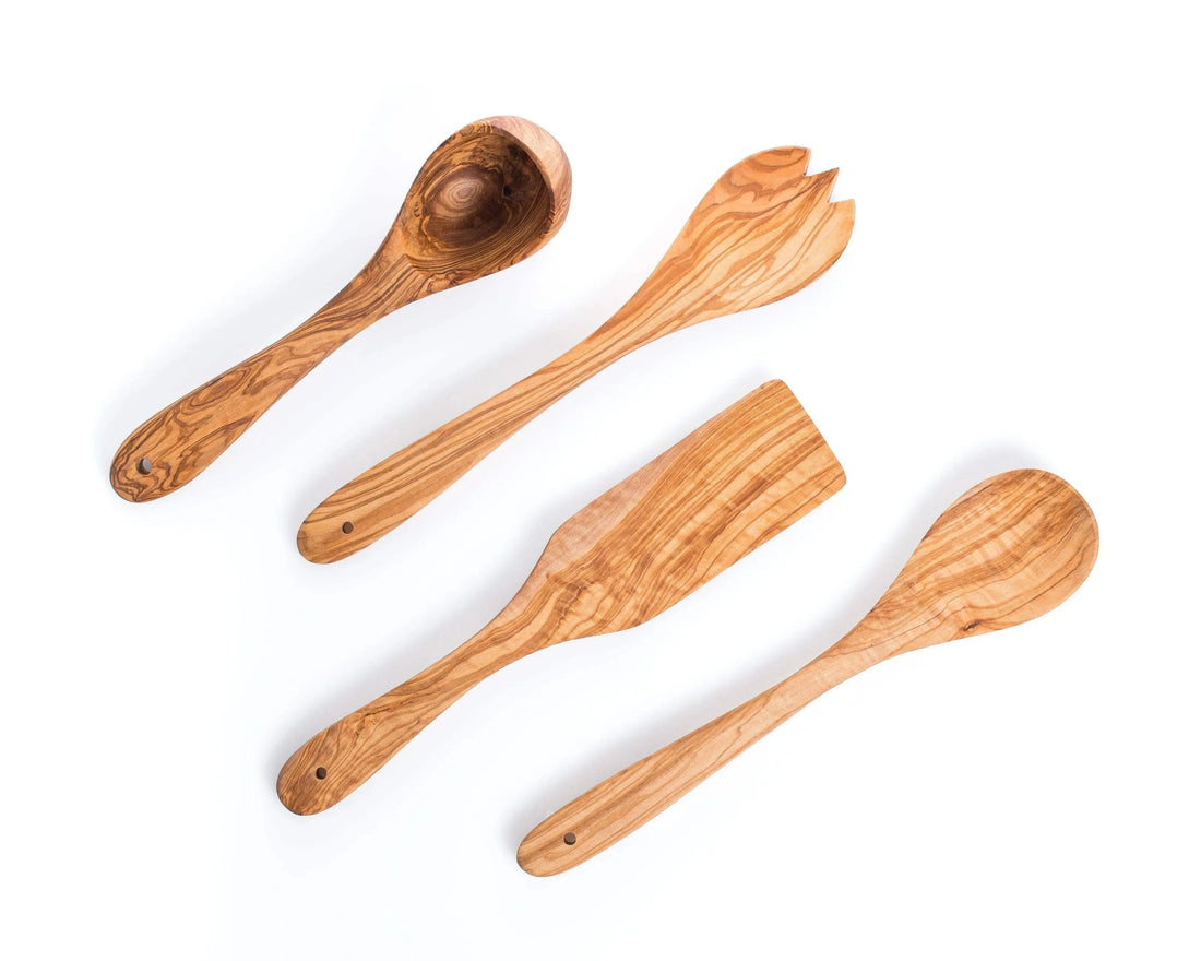 Darido Set of 4 Olive Wood Kitchen Utensils - Salad Fork and Spoon, Ladle & Spatula - Handmade & eco-friendly