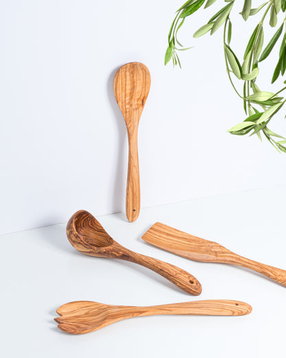 Darido Set of 4 Olive Wood Kitchen Utensils - Salad Fork and Spoon, Ladle & Spatula - Handmade & eco-friendly