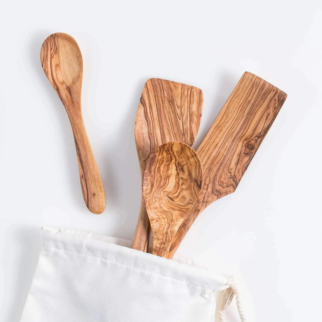 Darido Olive Wood Kitchen Utensils Set – 4 Handmade Cooking Tools with Small Spoon