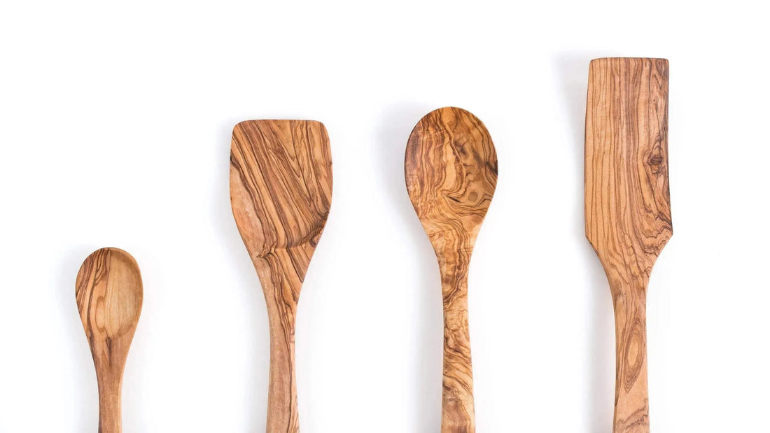 Darido Set of 4 Olive Wood Kitchen Utensils - Spoon, Spatula, Long Spatula + Small Spoon - Handmade & Durable