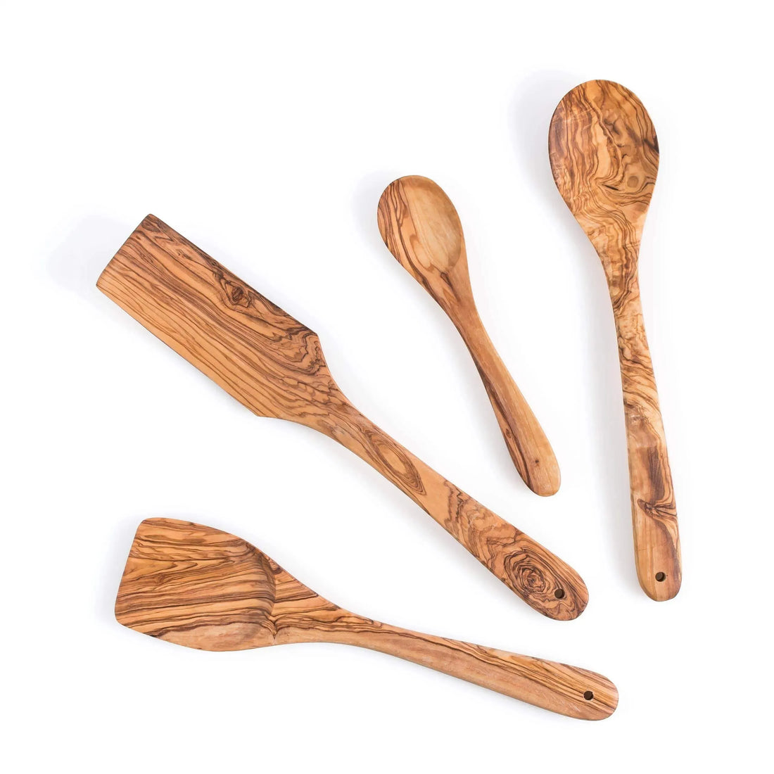 Darido Set of 4 Olive Wood Kitchen Utensils - Spoon, Spatula, Long Spatula + Small Spoon - Handmade & Durable