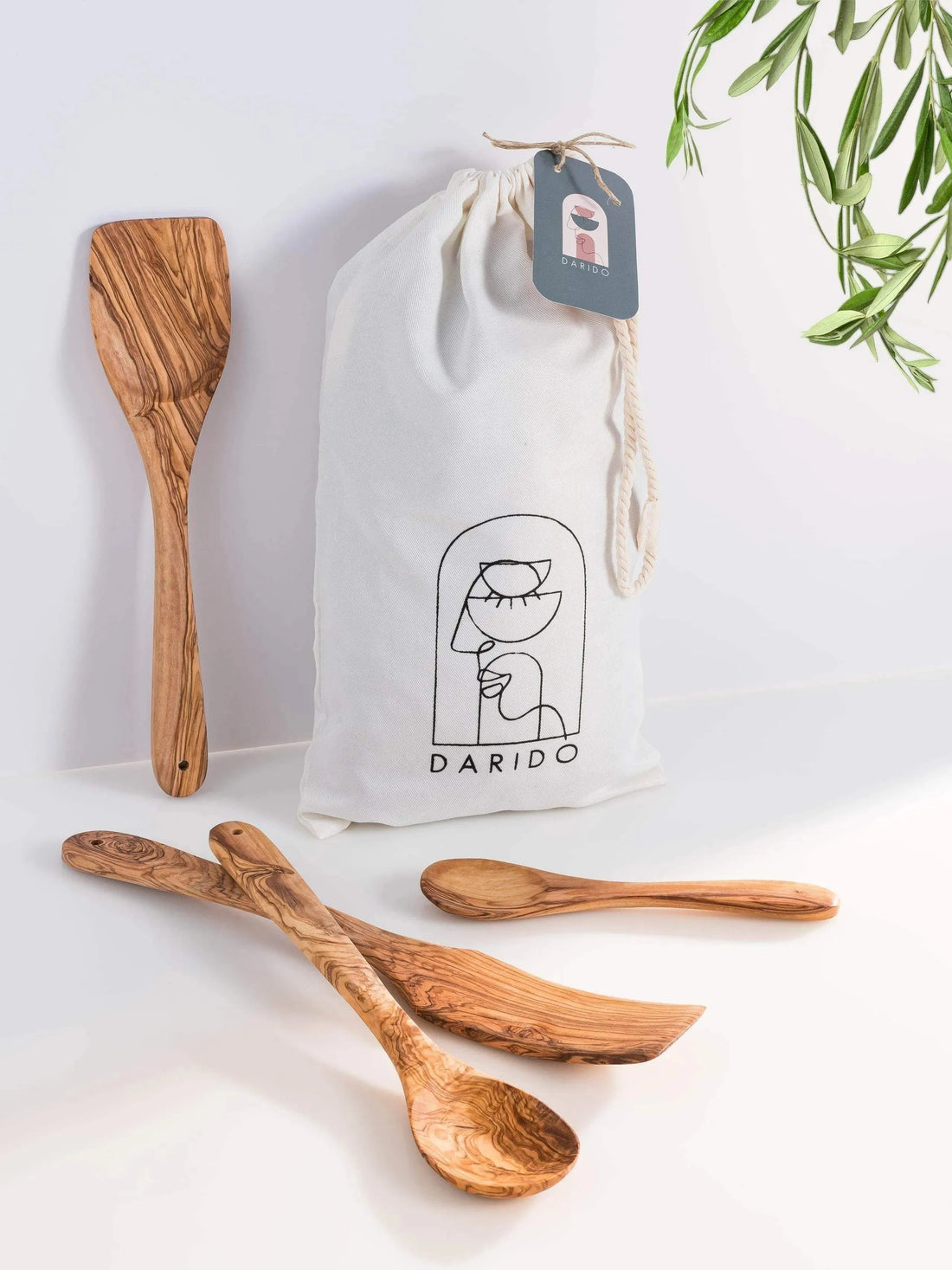 Darido Set of 4 Olive Wood Kitchen Utensils - Spoon, Spatula, Long Spatula + Small Spoon - Handmade & Durable