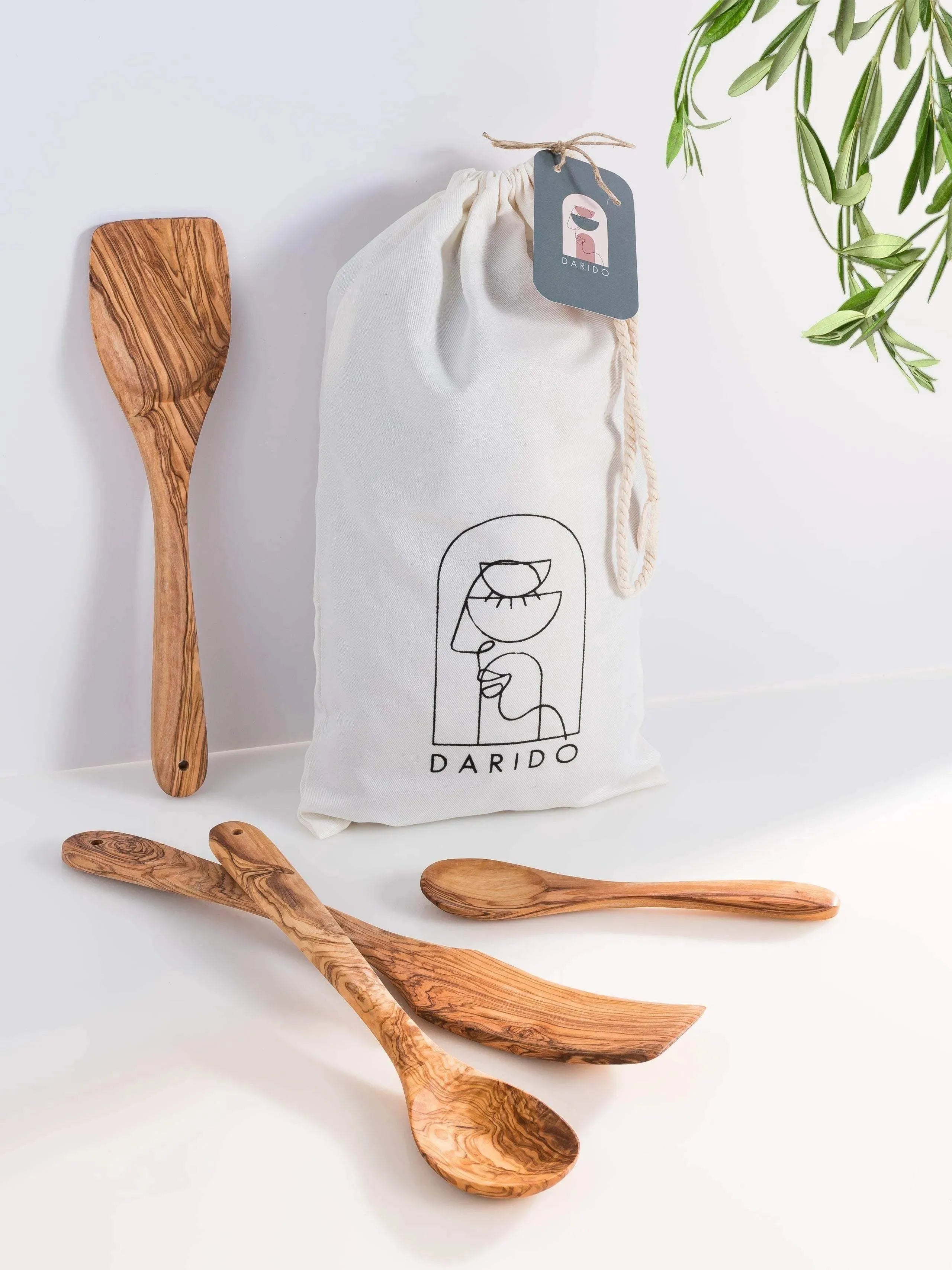 Darido Olive Wood Kitchen Utensils Set – 4 Handmade Cooking Tools with Small Spoon
