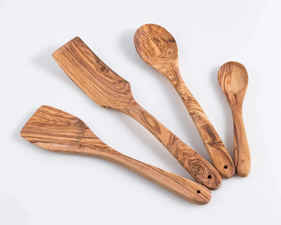 Darido Set of 4 Olive Wood Kitchen Utensils - Spoon, Spatula, Long Spatula + Small Spoon - Handmade & Durable