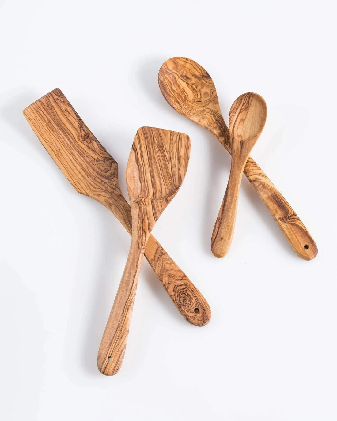 Darido Set of 4 Olive Wood Kitchen Utensils - Spoon, Spatula, Long Spatula + Small Spoon - Handmade & Durable