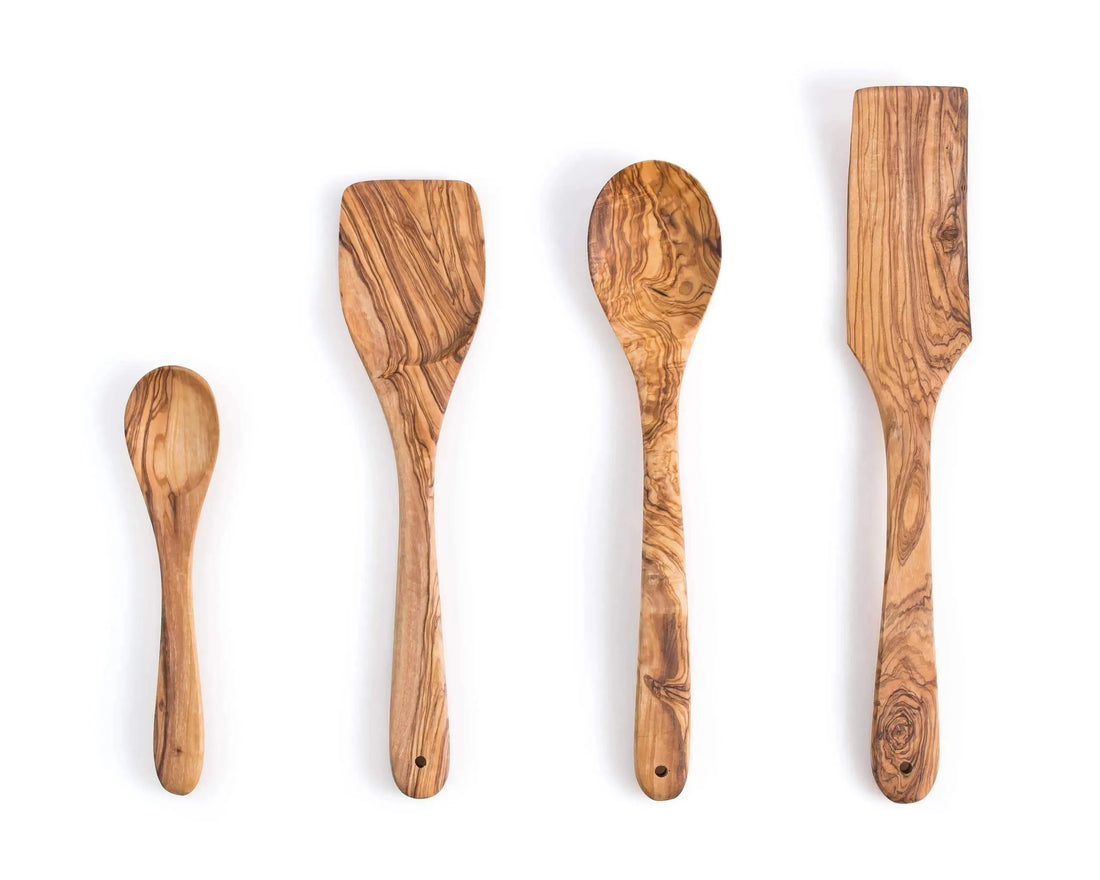 Darido Set of 4 Olive Wood Kitchen Utensils - Spoon, Spatula, Long Spatula + Small Spoon - Handmade & Durable