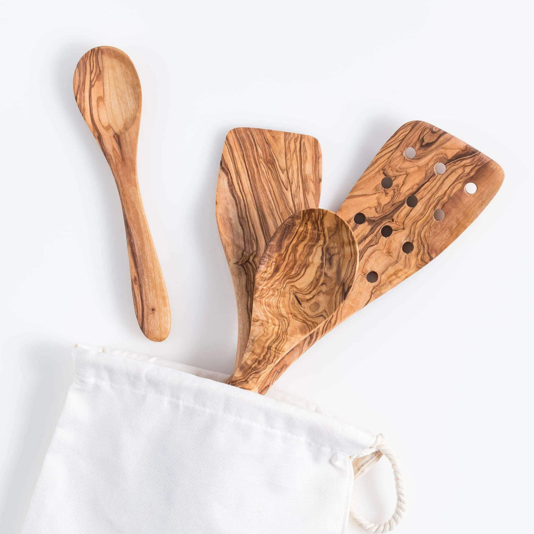 Darido Set of 4 Olive Wood Kitchen Utensils - Spoon, Spatula, Slotted Spatula + Small Spoons - Premium quality & Durable