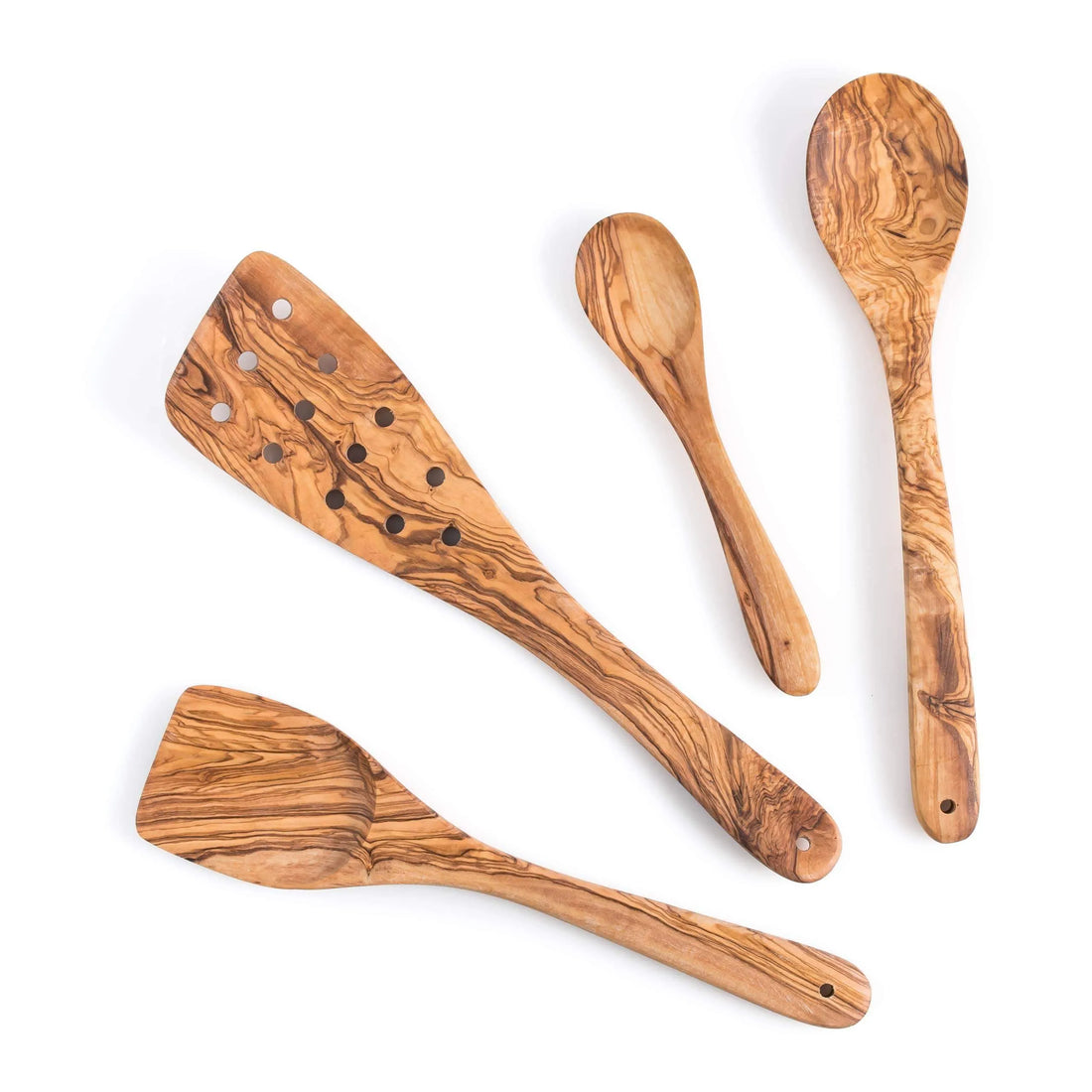 Darido Set of 4 Olive Wood Kitchen Utensils - Spoon, Spatula, Slotted Spatula + Small Spoons - Premium quality & Durable