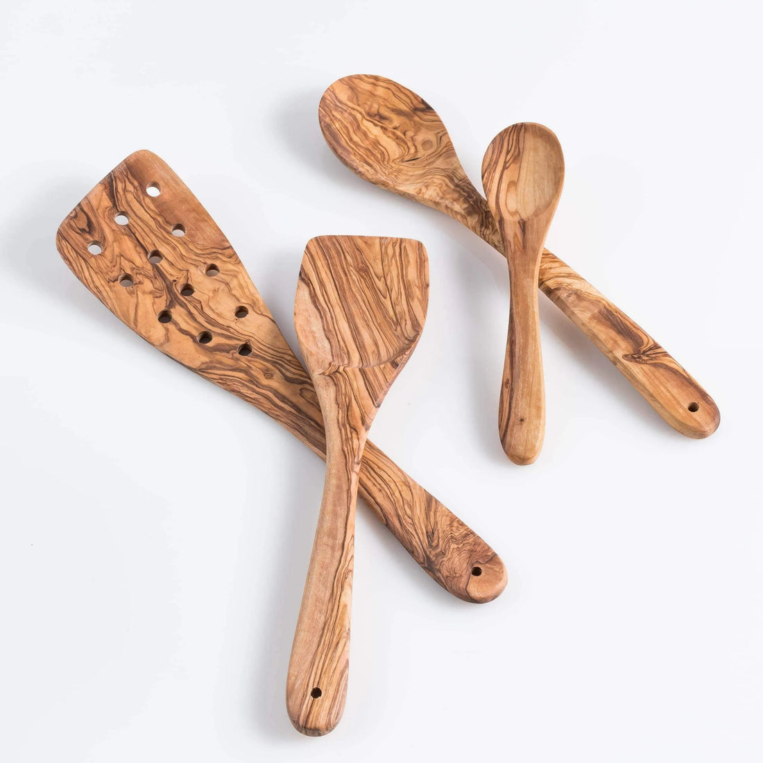 Darido Set of 4 Olive Wood Kitchen Utensils - Spoon, Spatula, Slotted Spatula + Small Spoons - Premium quality & Durable