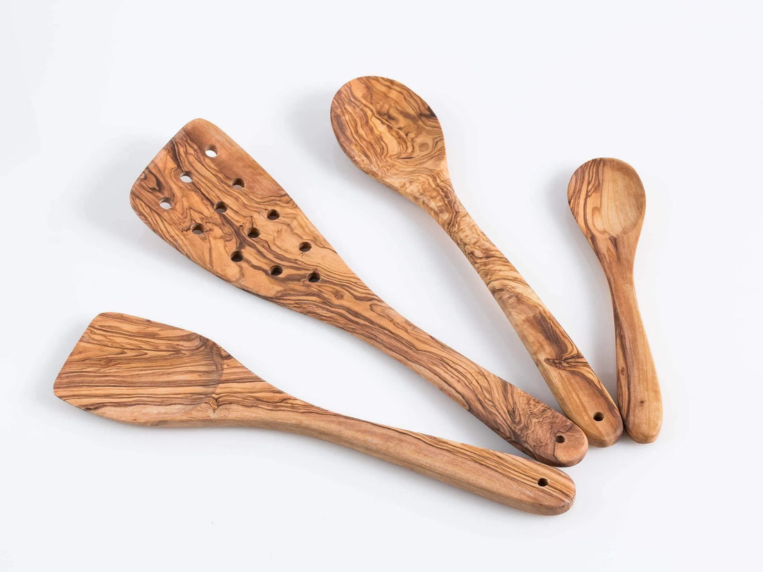 Darido Set of 4 Olive Wood Kitchen Utensils - Spoon, Spatula, Slotted Spatula + Small Spoons - Premium quality & Durable