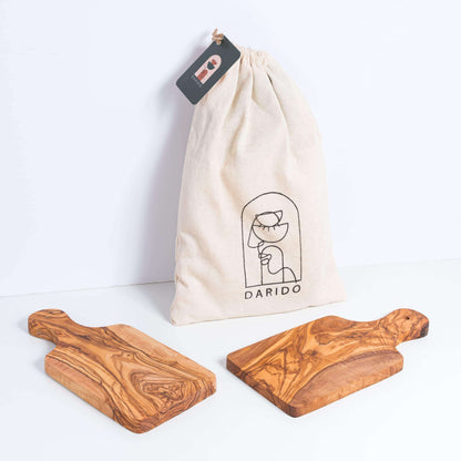 DARIDO Set of Two Olive Wood Multi-Use Boards with Handle |  29x14 cm | Eco-Friendly, Durable and Multi-Functional Kitchenware 