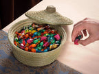 Traditional round halfa basket with lid, woven darido fibers, filled with colorful candies. - Traditional Halfa Basket
