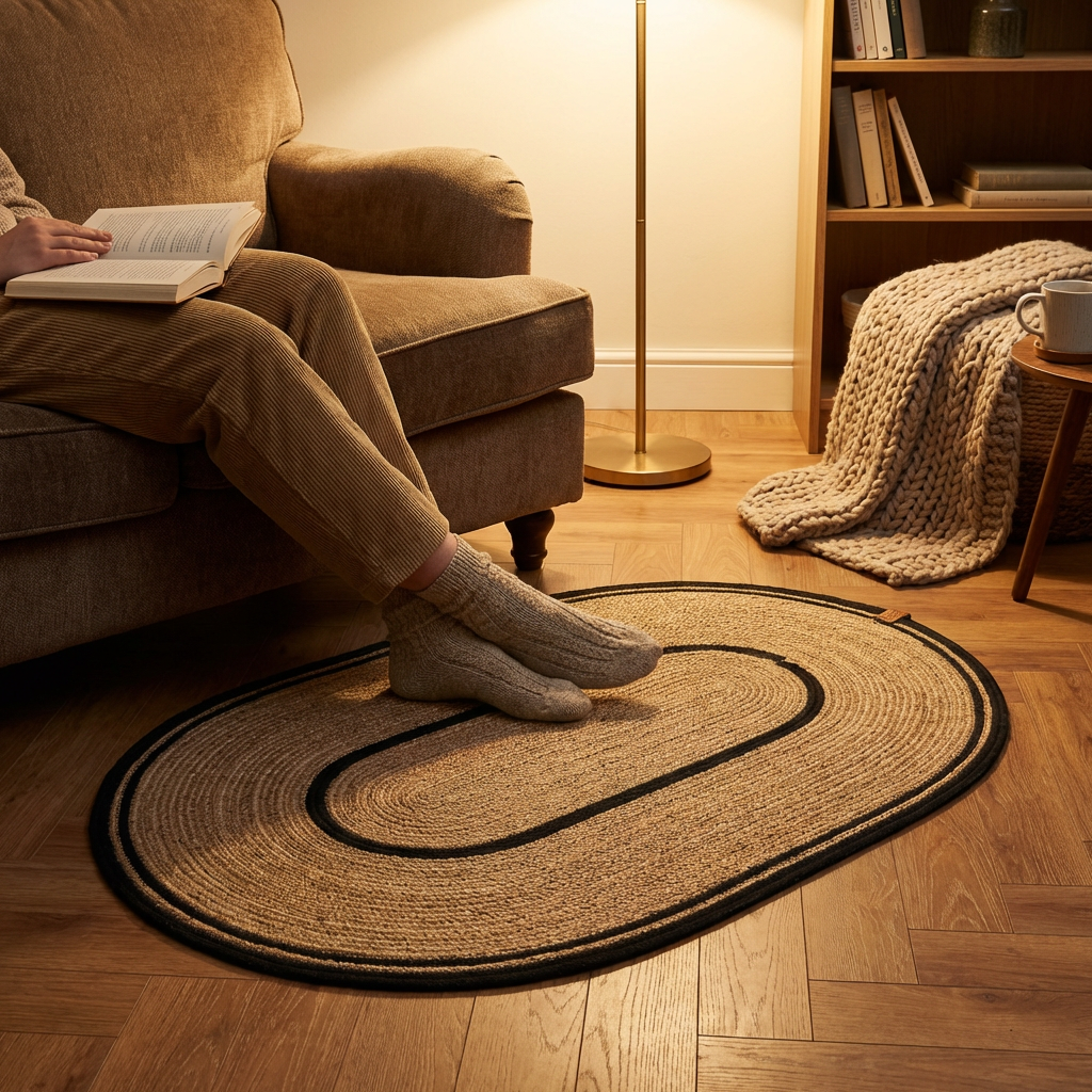 Handcrafted Large Oval Braided Cotton Rug – product and lifestyle view 5