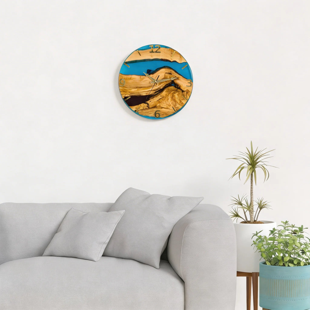 Handcrafted Olive Wood Wall Clock with Premium Epoxy Resin - Unique 13.4" Silent Artisan Wood Wall Decor – detail view 13