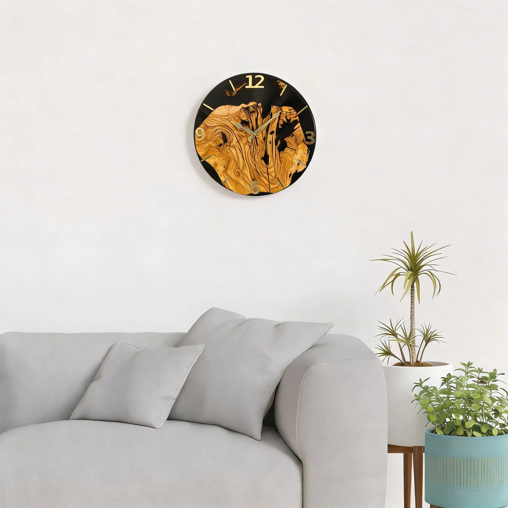 Handcrafted Olive Wood Wall Clock with Premium Epoxy Resin - Unique 13.4" Silent Artisan Wood Wall Decor – detail view 17