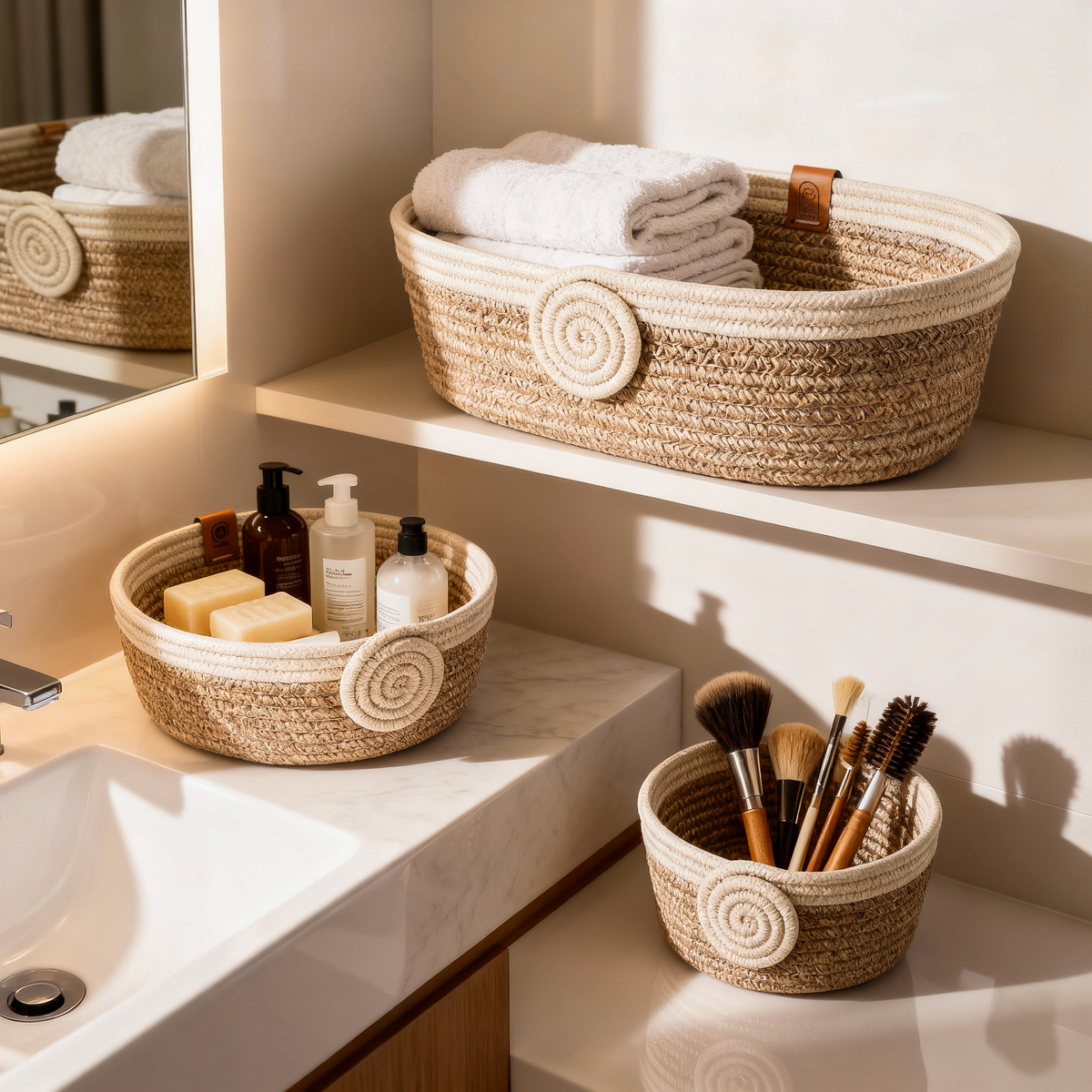 Organa – 5-Piece Braided Cotton Storage Basket Set – product and lifestyle view 2