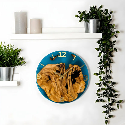Handcrafted Olive Wood Wall Clock with Premium Epoxy Resin - Unique 13.4" Silent Artisan Wood Wall Decor for Modern & Rustic Homes