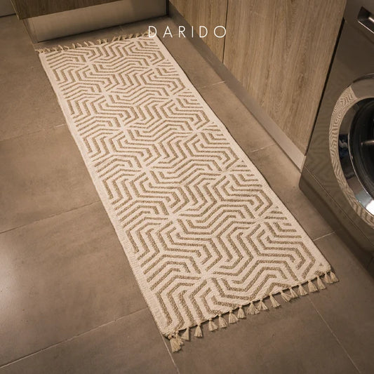 Toujene woven runner placed alongside kitchen cabinets