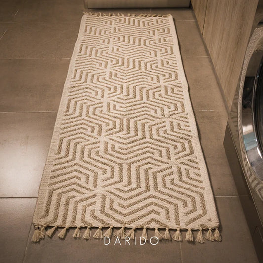 Full-length Toujene geometric kitchen runner with fringed ends