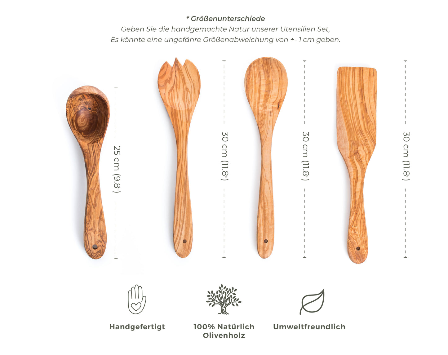 Set de 4 Ustensiles en Bois d'Olivier - Fourchette et Cuillère à Salade, Louche & Spatule