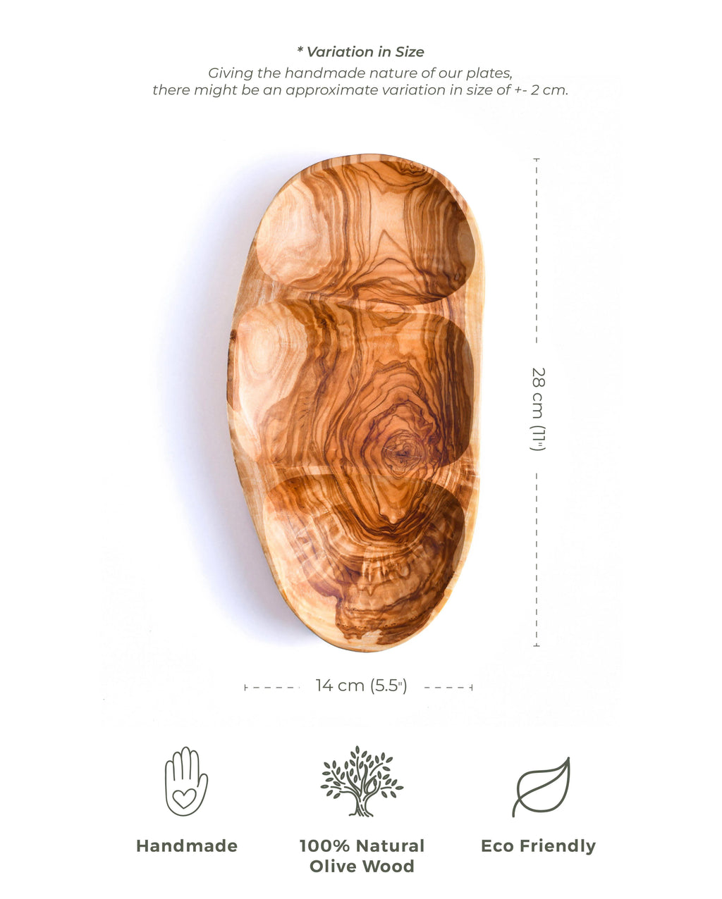 Darido handmade olive wood snack plate with three compartments, natural wood grain finish. - Handmade Olive Wood Snack Plate – 3 Compartments for Appetizers & Snacks