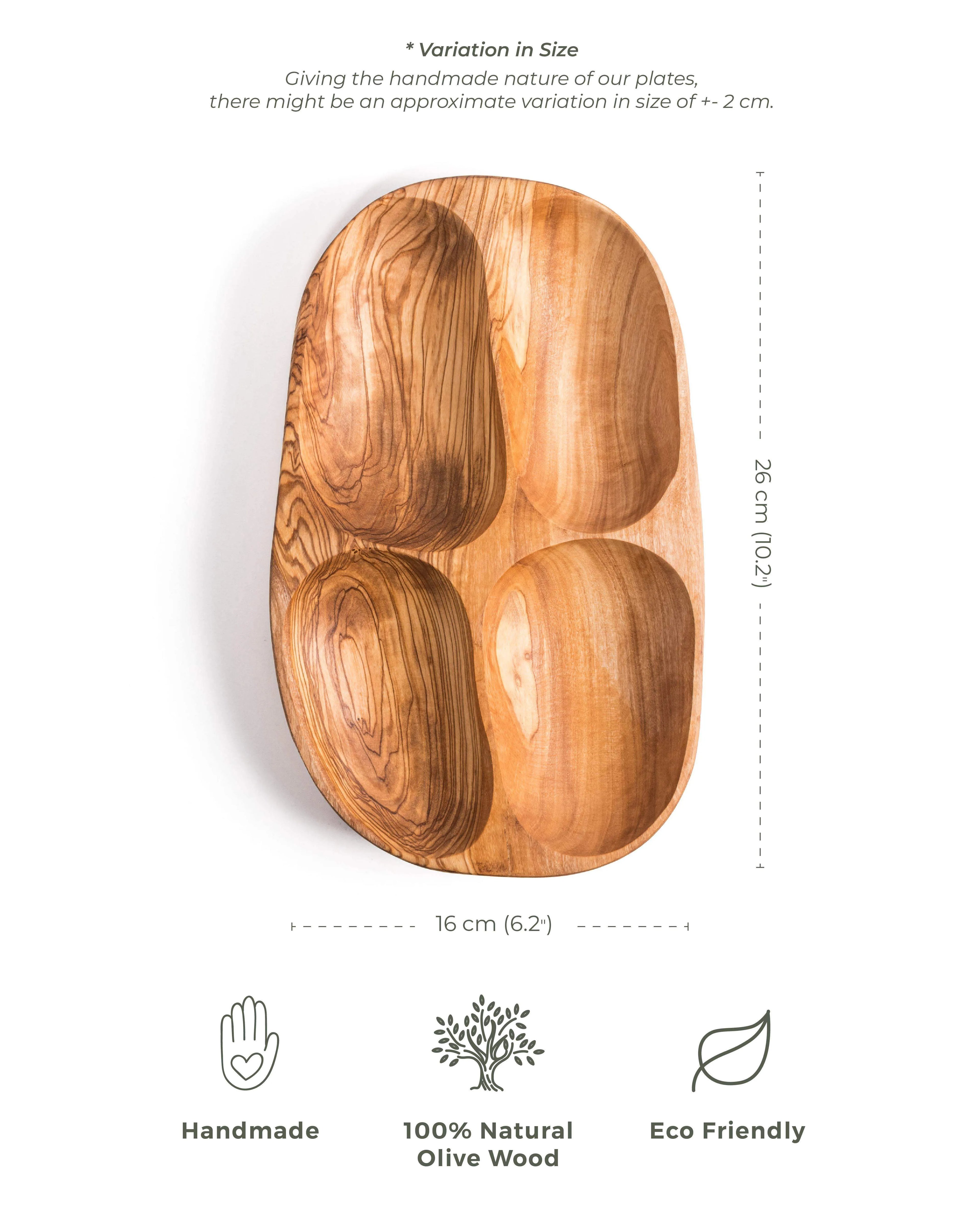 Handmade darido olive wood snack plate with four compartments, natural eco-friendly finish. - Handmade Olive Wood Snack Plate – 4 Compartments | Elegant, Eco-Friendly & Unique