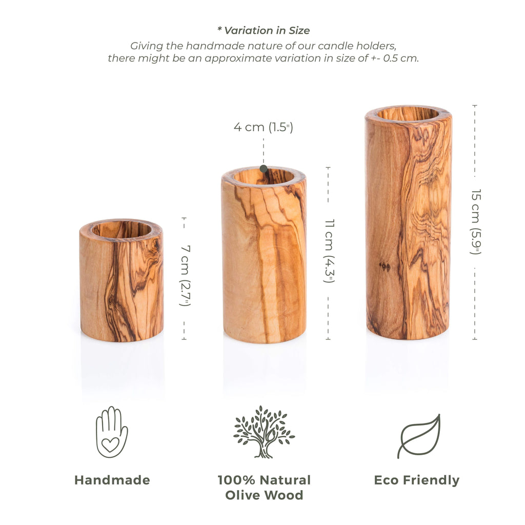 Handmade Olive Wood Candle Holders – Set of 3 Cylindrical Rustic Tealight Holders