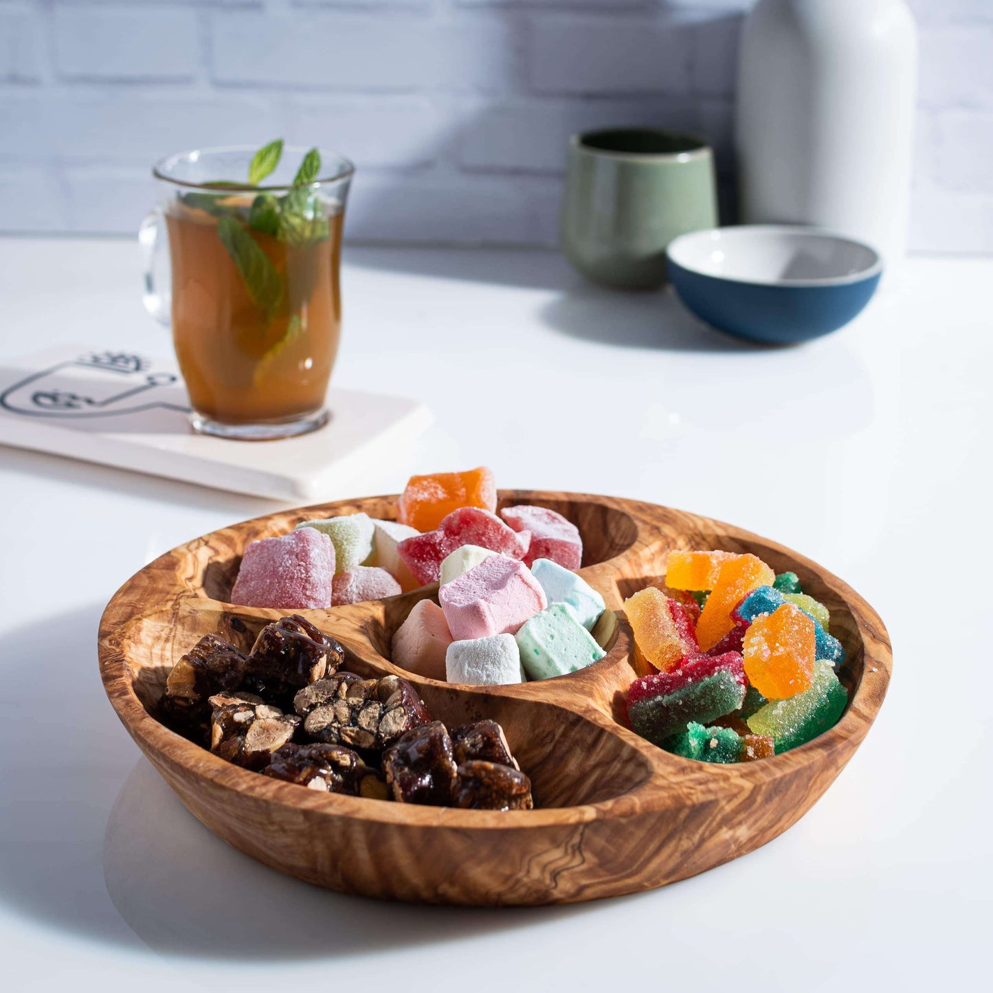 Olivewood Darido Round Snack plate with Compartments | Eco-friendly, Handmade, and Elegant