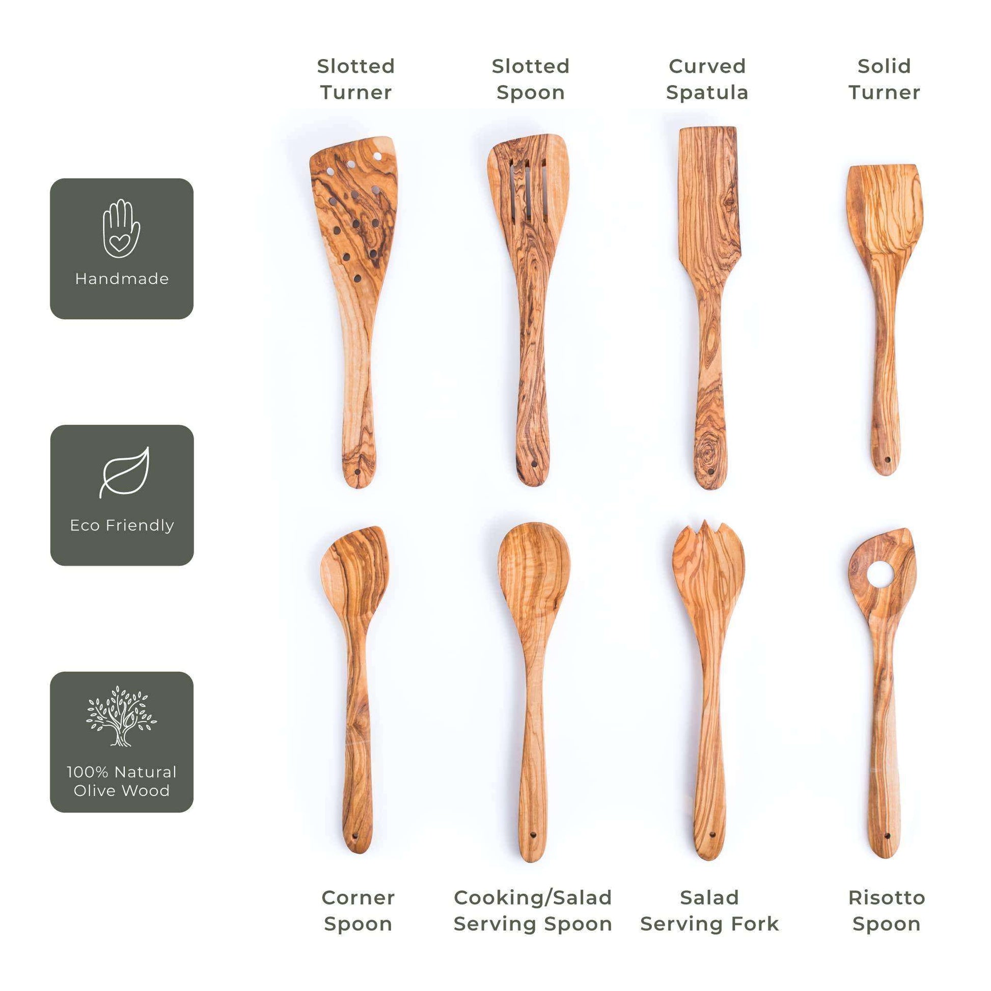 Darido Olive Wood Versatile Set - 8 Kitchen Utensils - Handmade & Eco-friendly