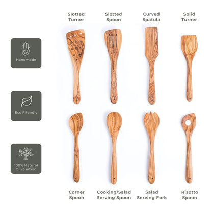 handcrafted olivewood utensils and heat resistant wooden cooking tools