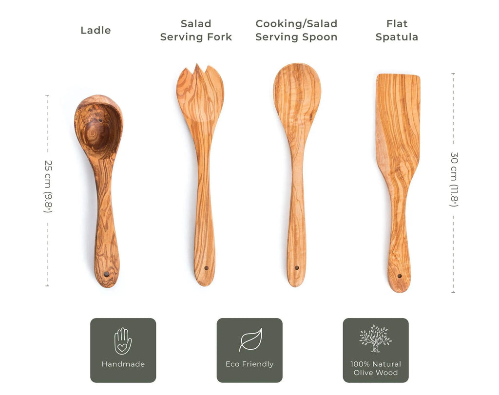 Darido Olive Wood Kitchen Utensils – Handmade 4-Piece Set with Spatula, Ladle & Spoons
