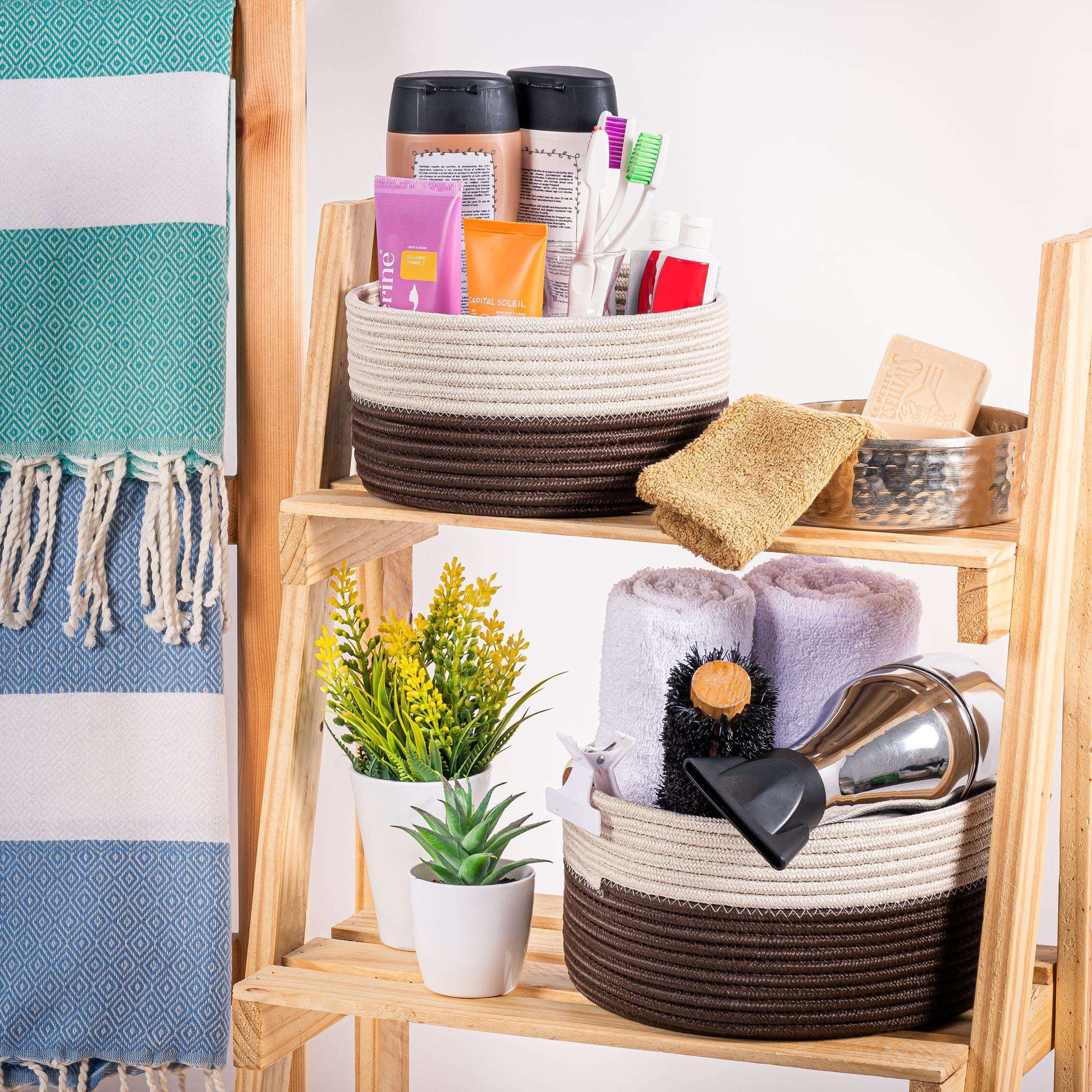 Set of 3 Baskets Cotton Beige and Brown - perfect for home organization.